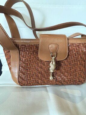 Barry Kieselstein-Cord Woven Cognac Leather Shoulder Bag, Frog + Ladybug Charm